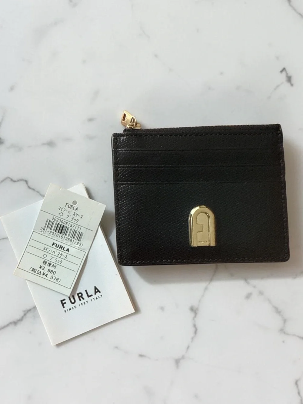 Furla Black Leather Card Case Wallet Zip Coin Pocket Arco Logo